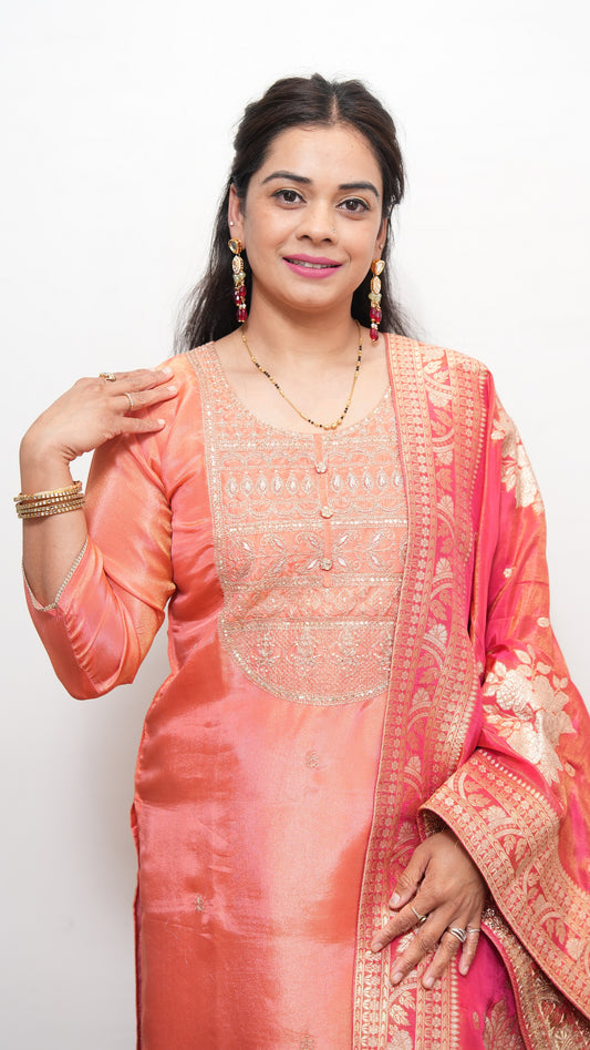 "NOOR" - Peach Suit Set with heavy Dupatta