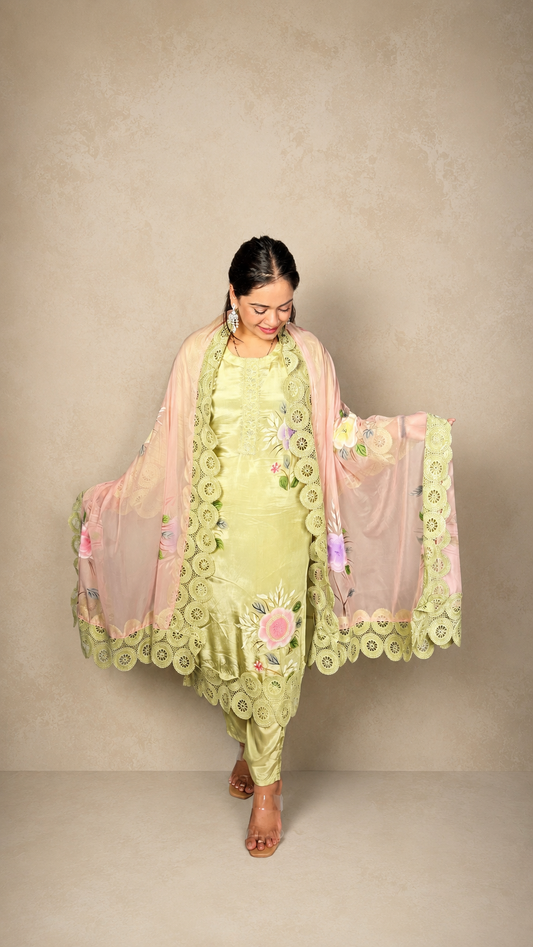 "OJASVI"- Sage Green Brush Paint Lace Luxe Suit Set