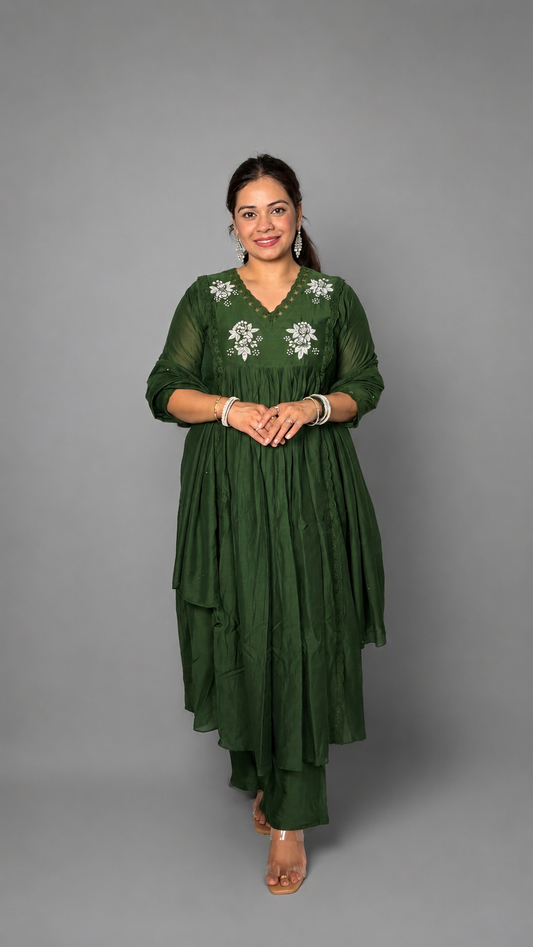 "TANISHA"- Green Emerald Rose A-Line Luxe Suit Set