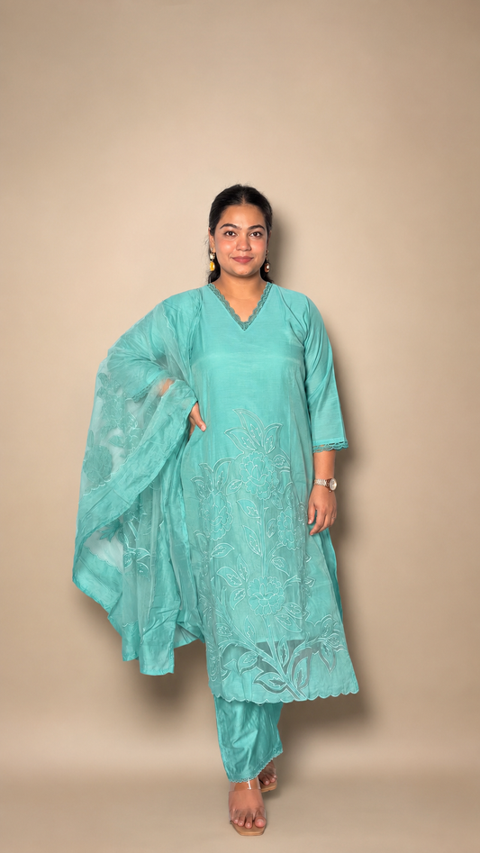 "VEDA"- Aqua Blue Floral Laser Cut Three Piece Set
