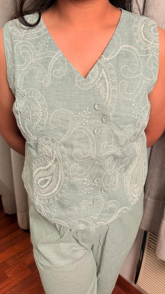 "ZYLA" -Sage Green Embroidered Co-Ord Set