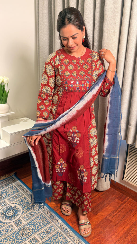 "NYSA"-Rust Red Printed Suit Set
