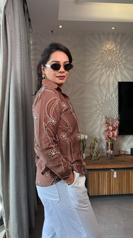 "MILLIE"- Brown Embroidered Shirt Set
