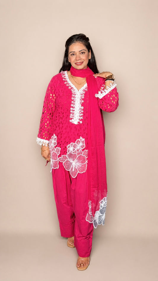 "VAIDEHI"- Ruby Schiffli Farshi Suit Set