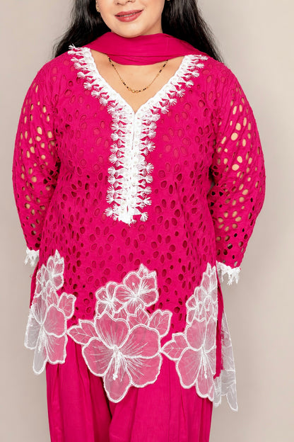 "VAIDEHI"- Ruby Schiffli Farshi Suit Set