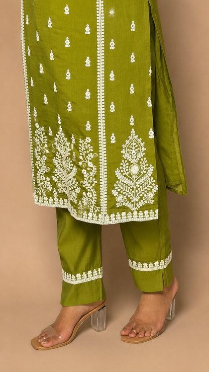 "ISHITA"- Olive Chikankari Three Piece Set