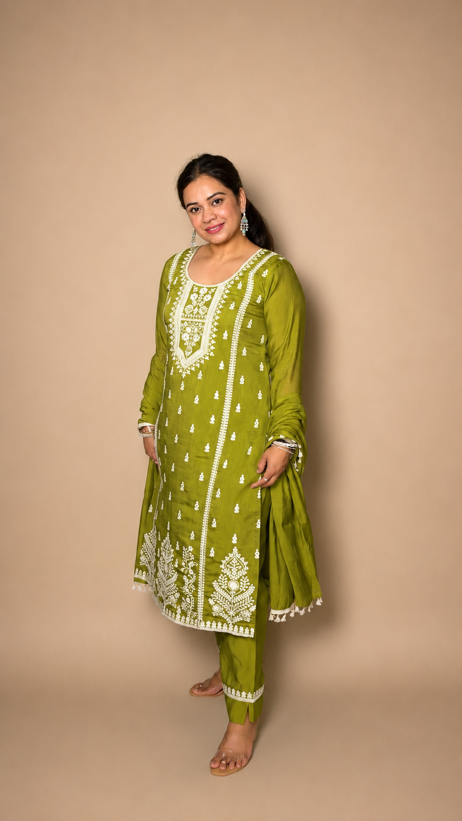 "ISHITA"- Olive Chikankari Three Piece Set