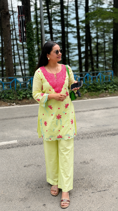 Lime Green Floral Cotton Kurta Set