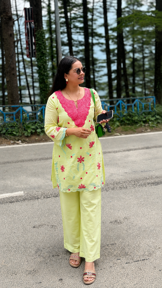 "VIHANA"- Lime Green Floral Cotton Kurta Set