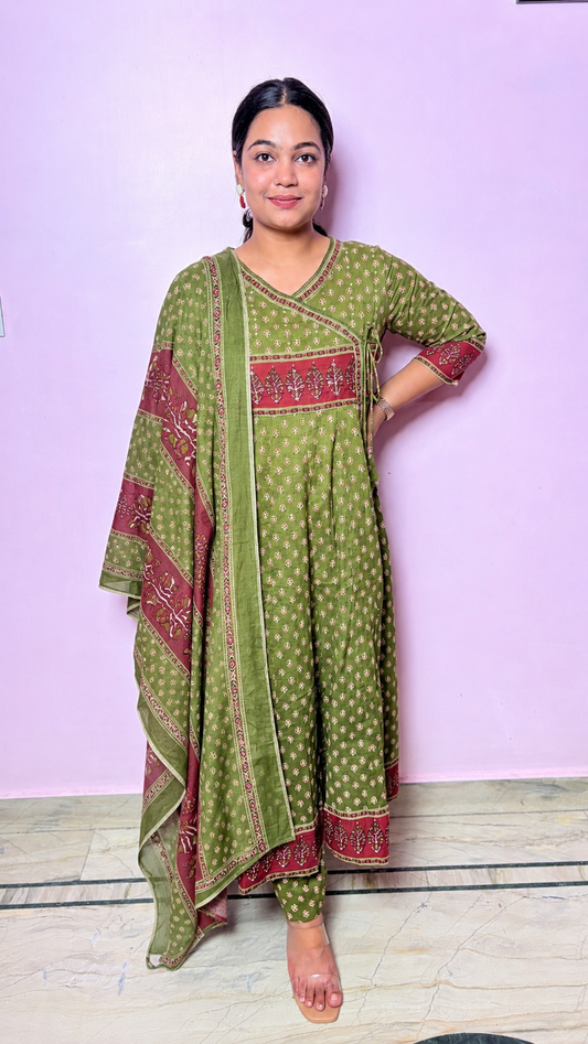 "JADE" -Olive Green Angrakha Style Suit Set