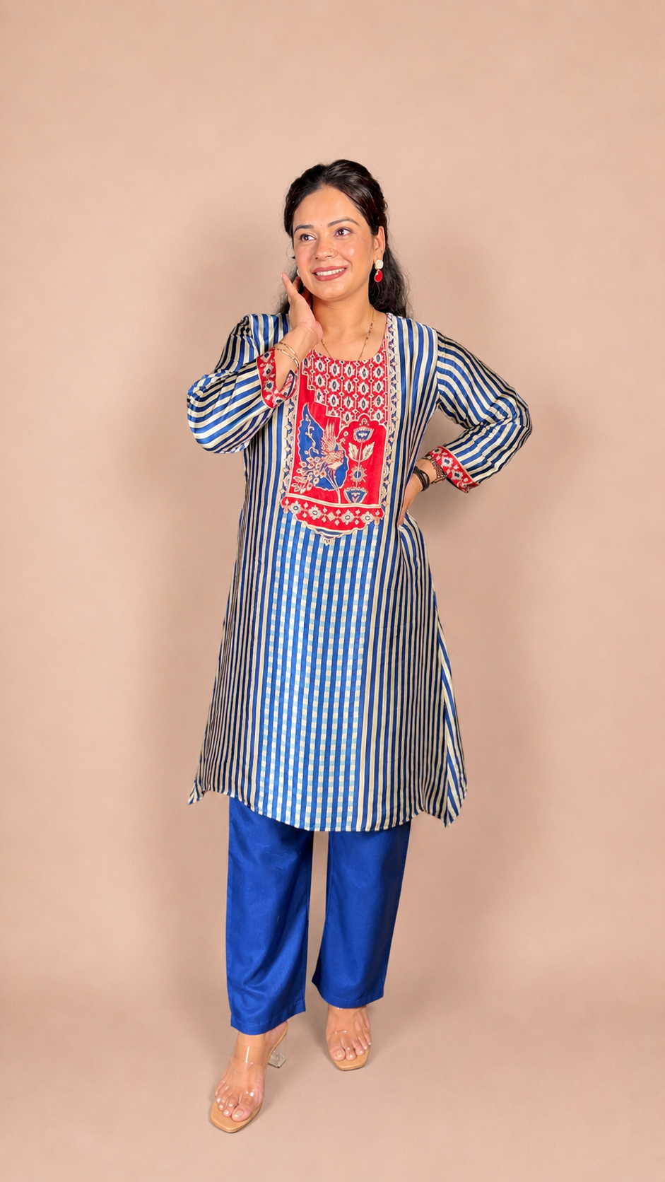 "RUHANI"- Striped and traditional Motifs yoke Kurta Set