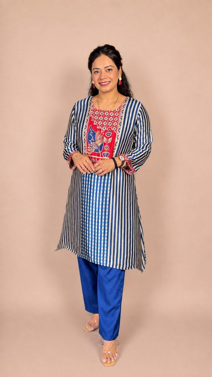 "RUHANI"- Striped and traditional Motifs yoke Kurta Set
