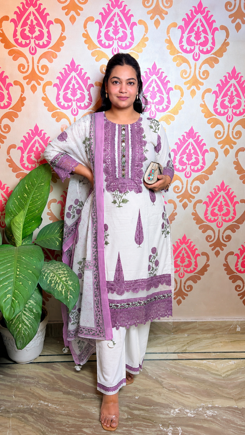 "LINA"- Ivory Lavender Printed Kurta Set with Dupatta