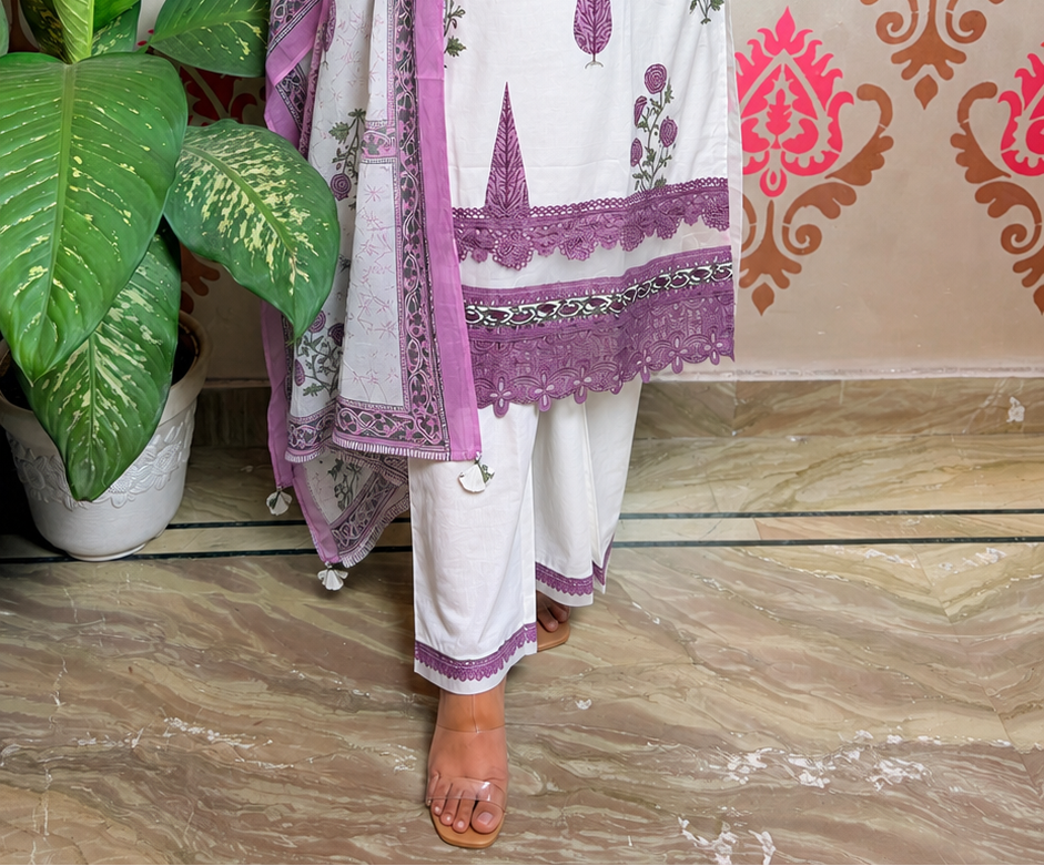"LINA"- Ivory Lavender Printed Kurta Set with Dupatta