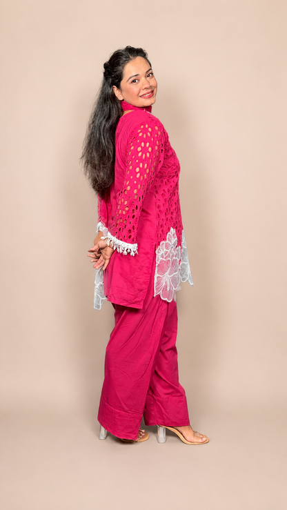 "VAIDEHI"- Ruby Schiffli Farshi Suit Set