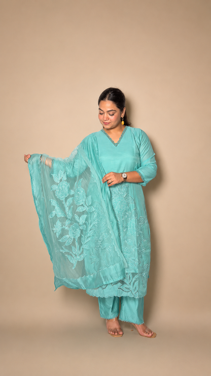 "VEDA"- Aqua Blue Floral Laser Cut Three Piece Set