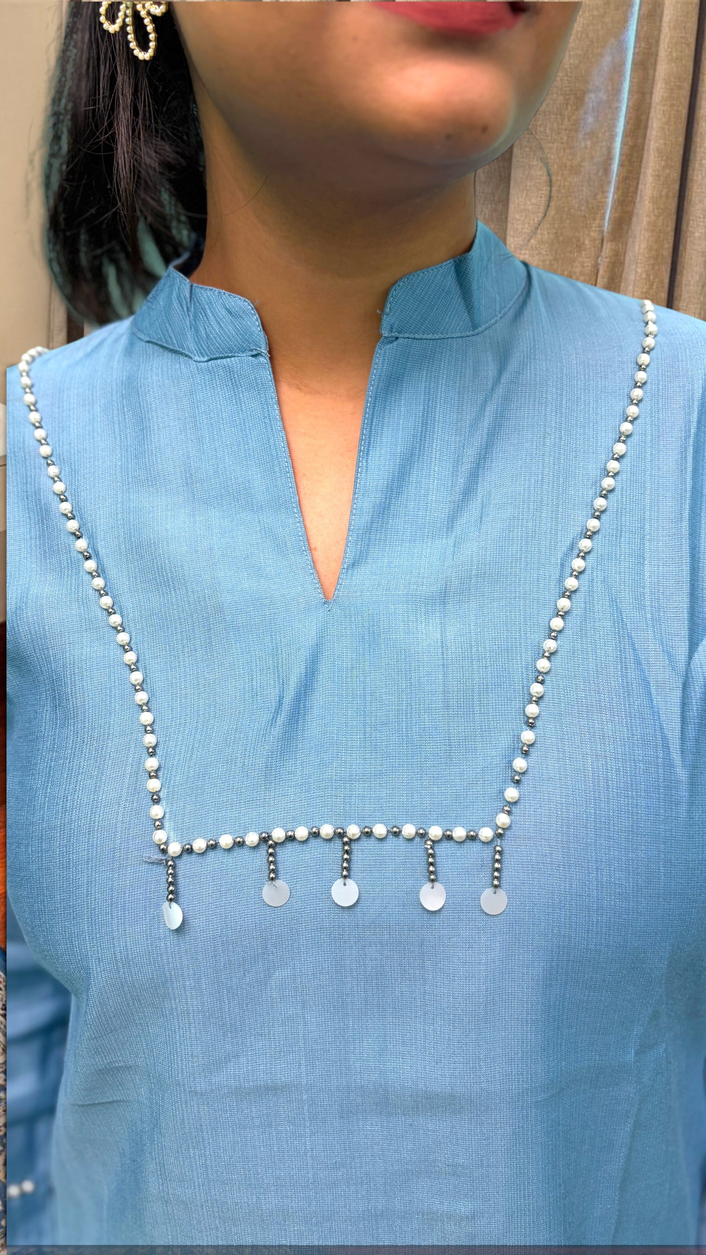 "NIRA"- Sky Blue Pearl Detail Co-ord Set