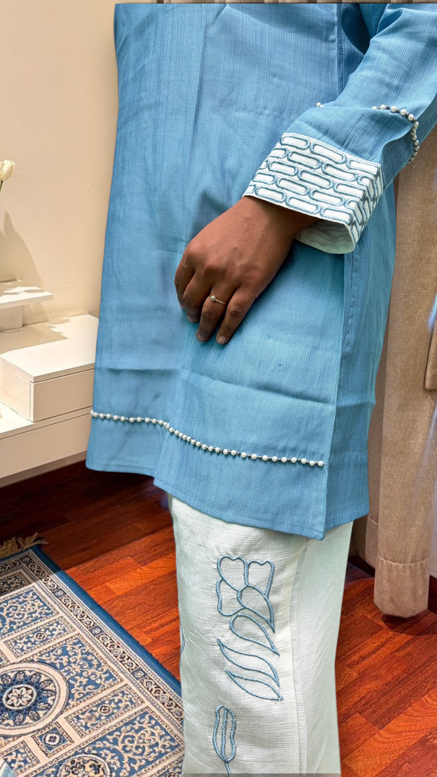 "NIRA"- Sky Blue Pearl Detail Co-ord Set