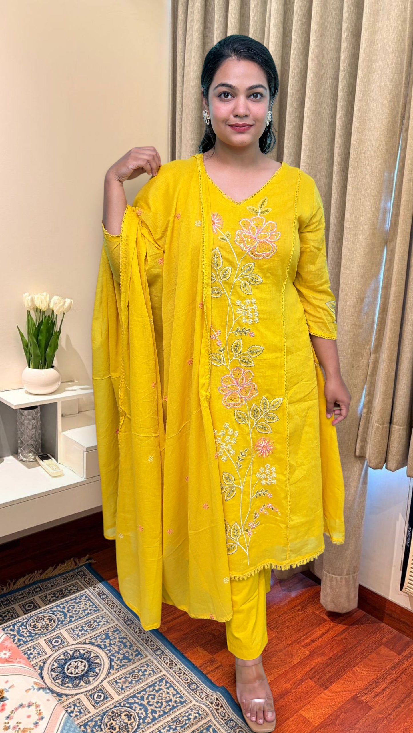 "AVNI "- Sunshine Floral Embroidered Suit Set with Dupatta