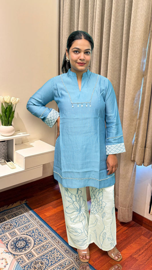 "NIRA"- Sky Blue Pearl Detail Co-ord Set