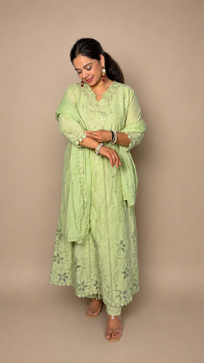 "INDIRA"- Pastel Floral Embroidered Anarkali Suit set