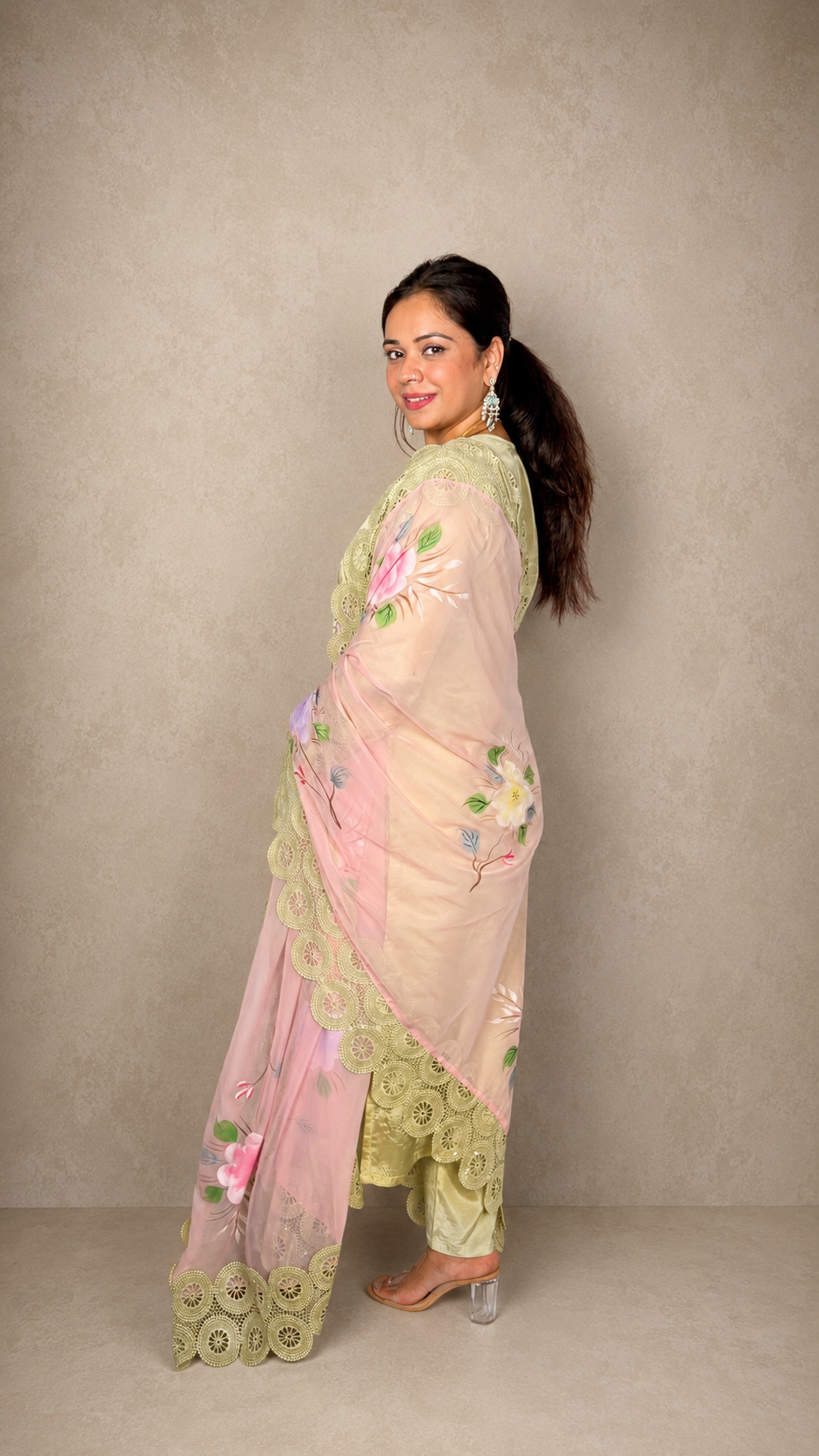 "OJASVI"- Sage Green Brush Paint Lace Luxe Suit Set