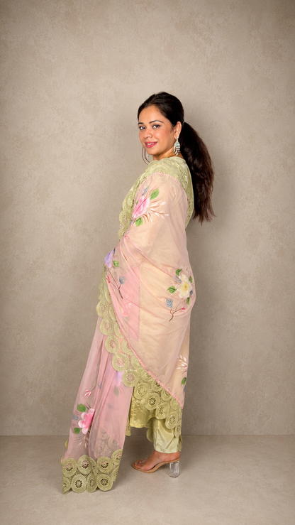"OJASVI"- Sage Green Brush Paint Lace Luxe Suit Set