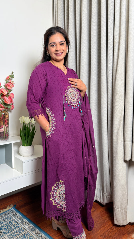 "AVA"- Plum Purple Embroidered Kurta Set