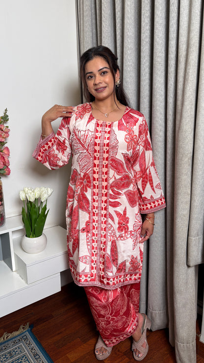 "Ella"- Coral Red & Off-White Floral Set