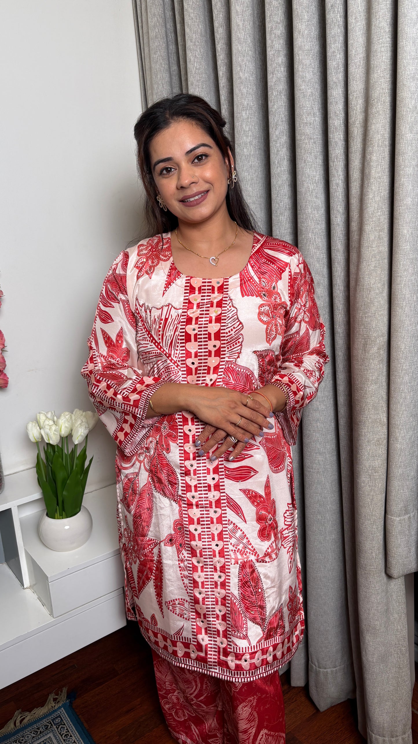 "Ella"- Coral Red & Off-White Floral Set