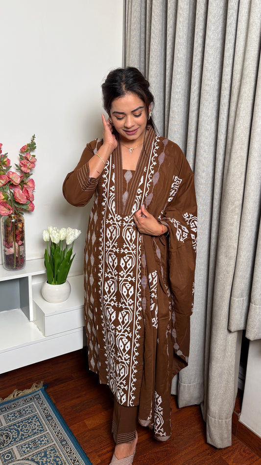 "TIYANA"- Brown Ethnic Printed Set with Dupatta