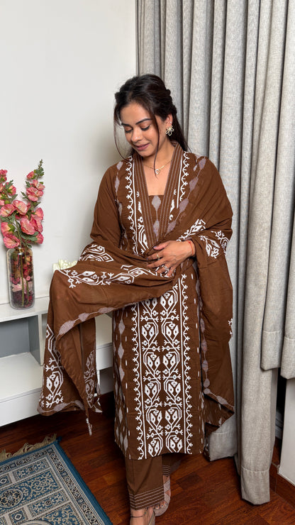 "Tiyana"- Brown Ethnic Printed Set with Dupatta