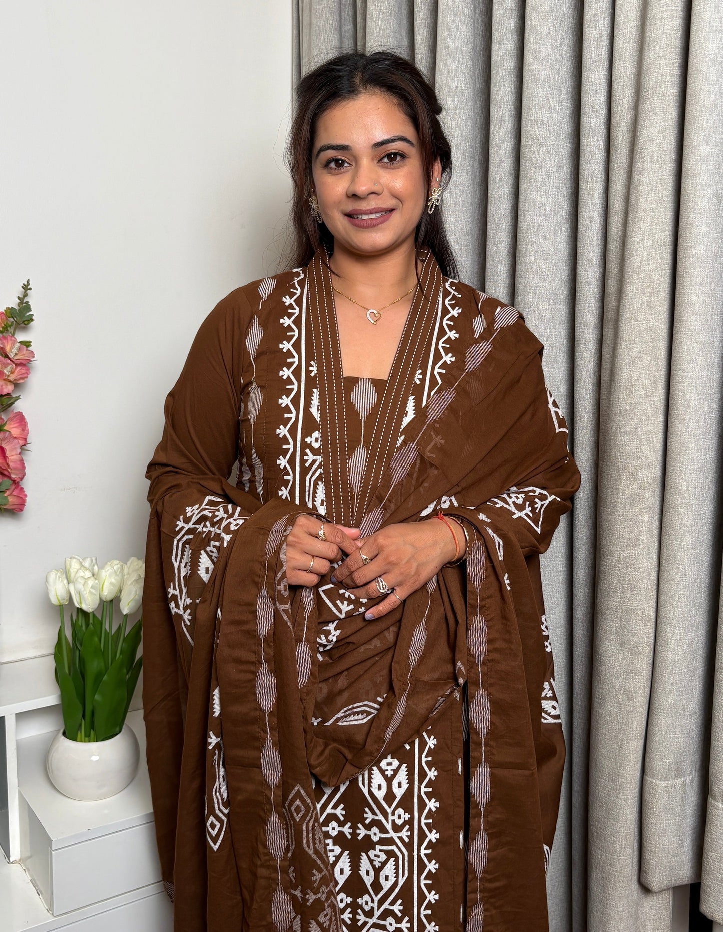 "Tiyana"- Brown Ethnic Printed Set with Dupatta