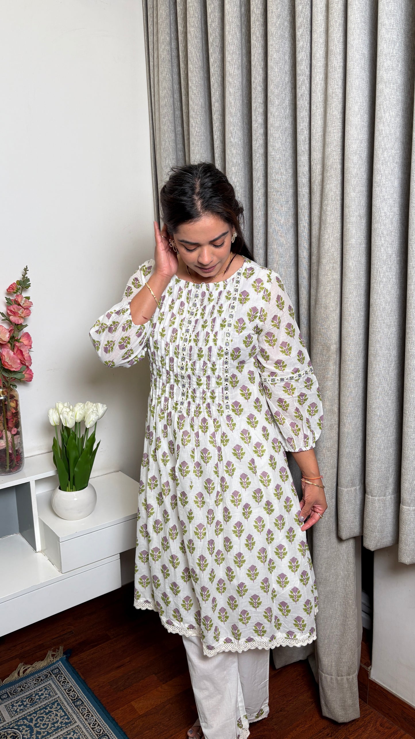 "Mia"- White & Pastel Floral Kurta Set