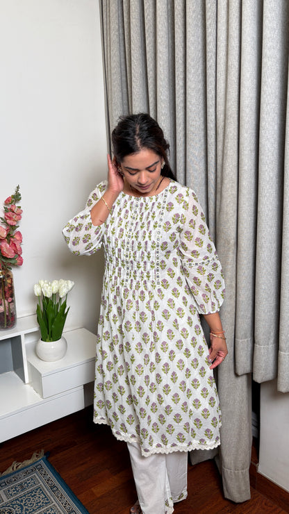 "Mia"- White & Pastel Floral Kurta Set