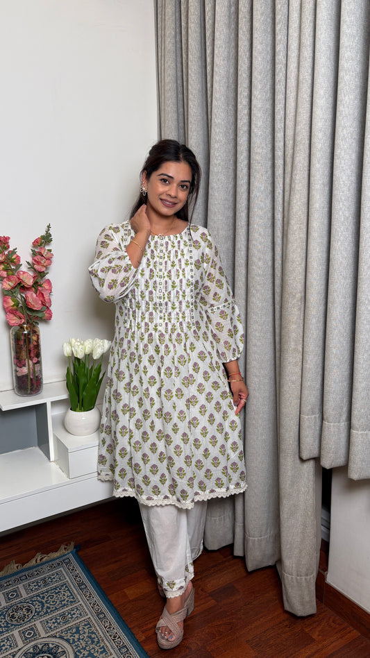 "Mia"- White & Pastel Floral Kurta Set