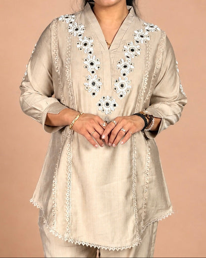 "YUSRA"- Mirror work with Shell embellishments Co-ord Set