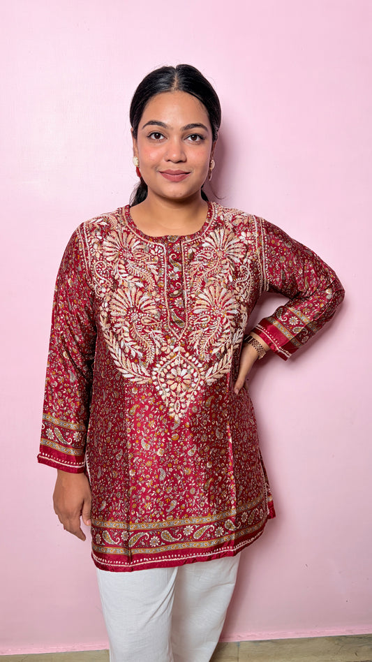 "BEGONIA" -Maroon Floral Embroidered traditional Kurti