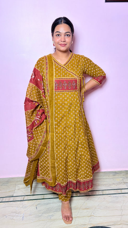 "MAGNOLIA" -Mustard Yellow Angrakha Style Suit Set