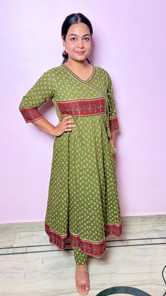 "JADE" -Olive Green Angrakha Style Suit Set