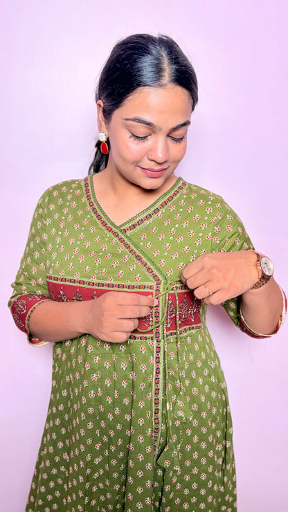 "JADE" -Olive Green Angrakha Style Suit Set