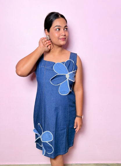 "AZURE" -Floral Patch Denim Midi Dress