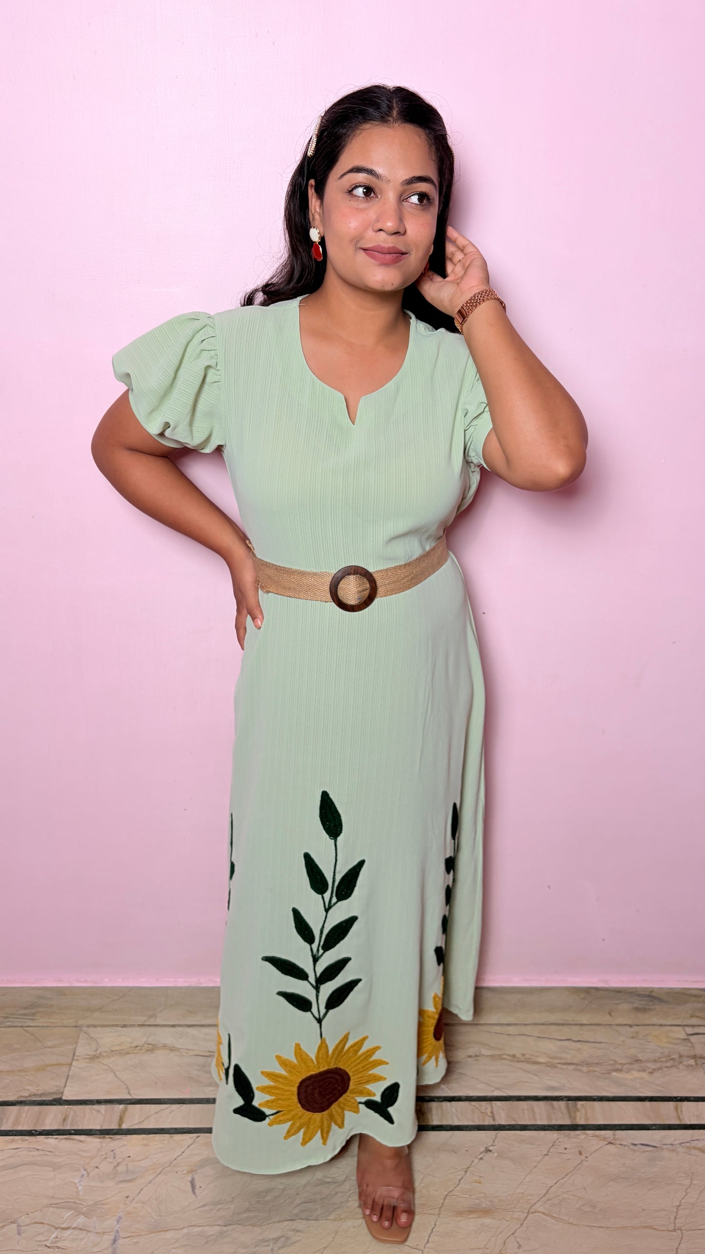 "CELESTIA" -Mint Green Sunflower Dress