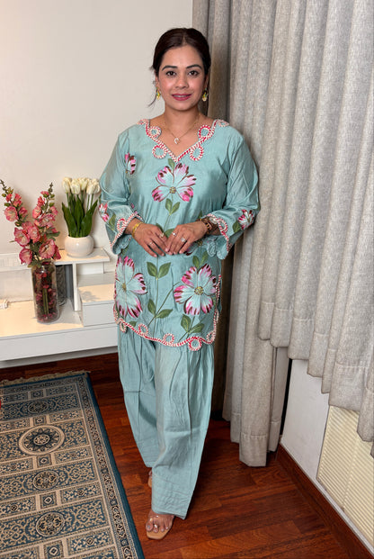 "AZMIRA" -Aqua Mint Brush painted Farshi Co-Ord Set