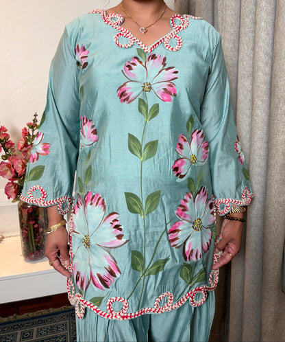 "AZMIRA" -Aqua Mint Brush painted Farshi Co-Ord Set