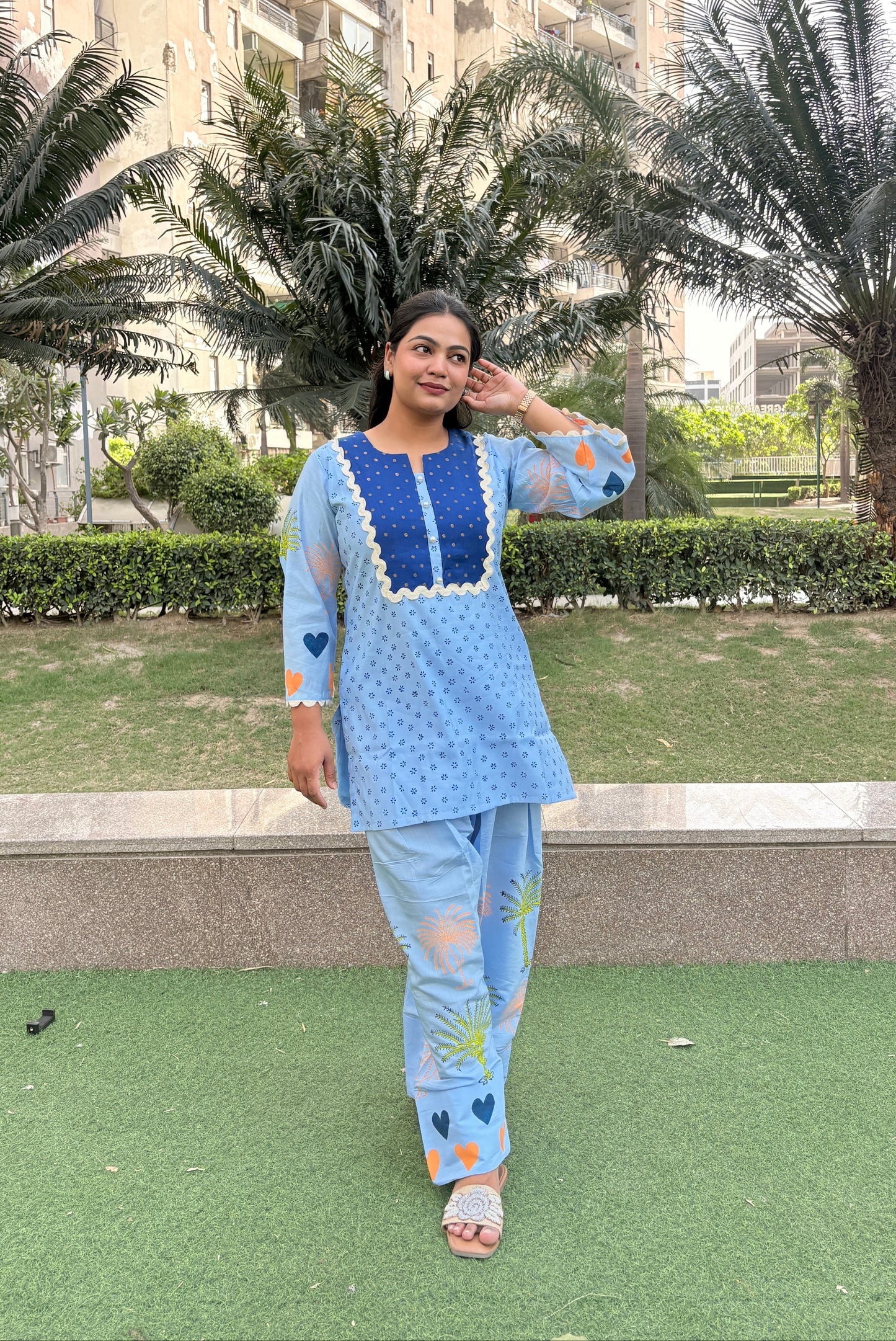 "PARISA" -Powder Blue Heart Farshi Co-Ord Set