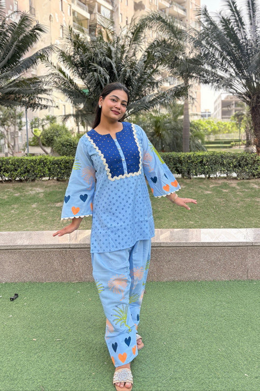 "PARISA" -Powder Blue Heart Farshi Co-Ord Set