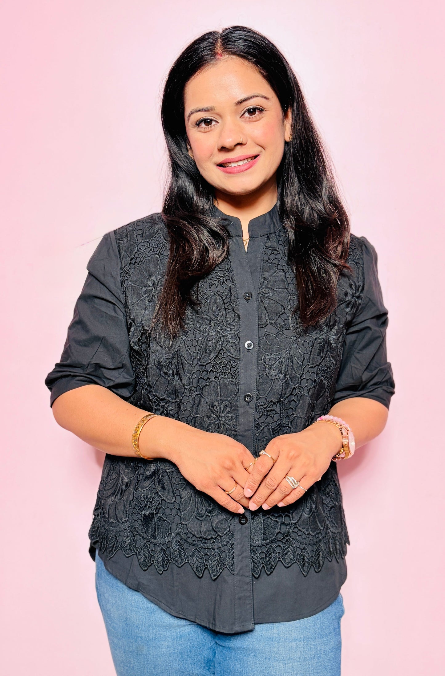 "BELLORA"- Classic Black lace detailed Shirt