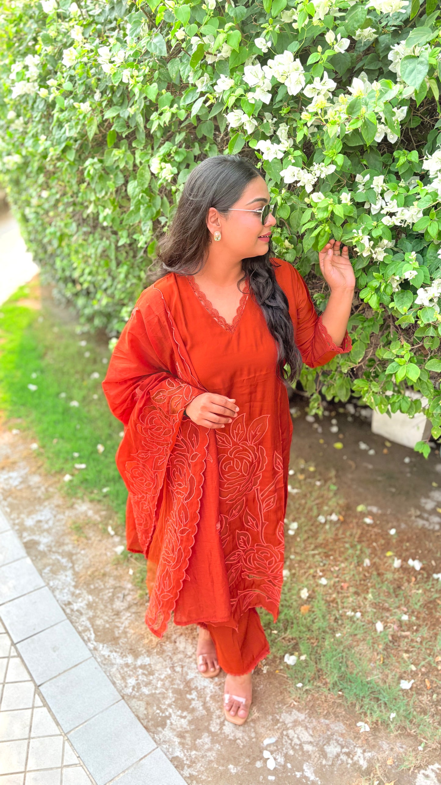 "MIRAYA"- Laser-Cut Applique Floral Suit Set