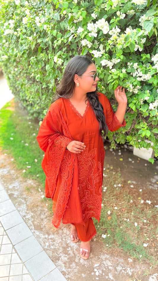"MIRAYA"- Laser-Cut Applique Floral Suit Set